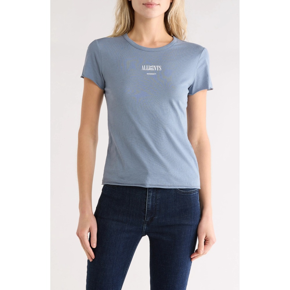 AllSaints London Womens Graphic Logo T-Shirt Blue Organic Cotton Crew Neck M